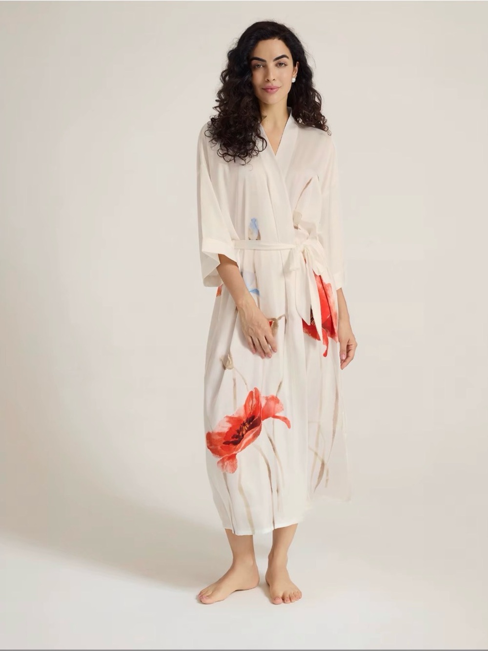 Elegant White Floral  Robe with Red Accent